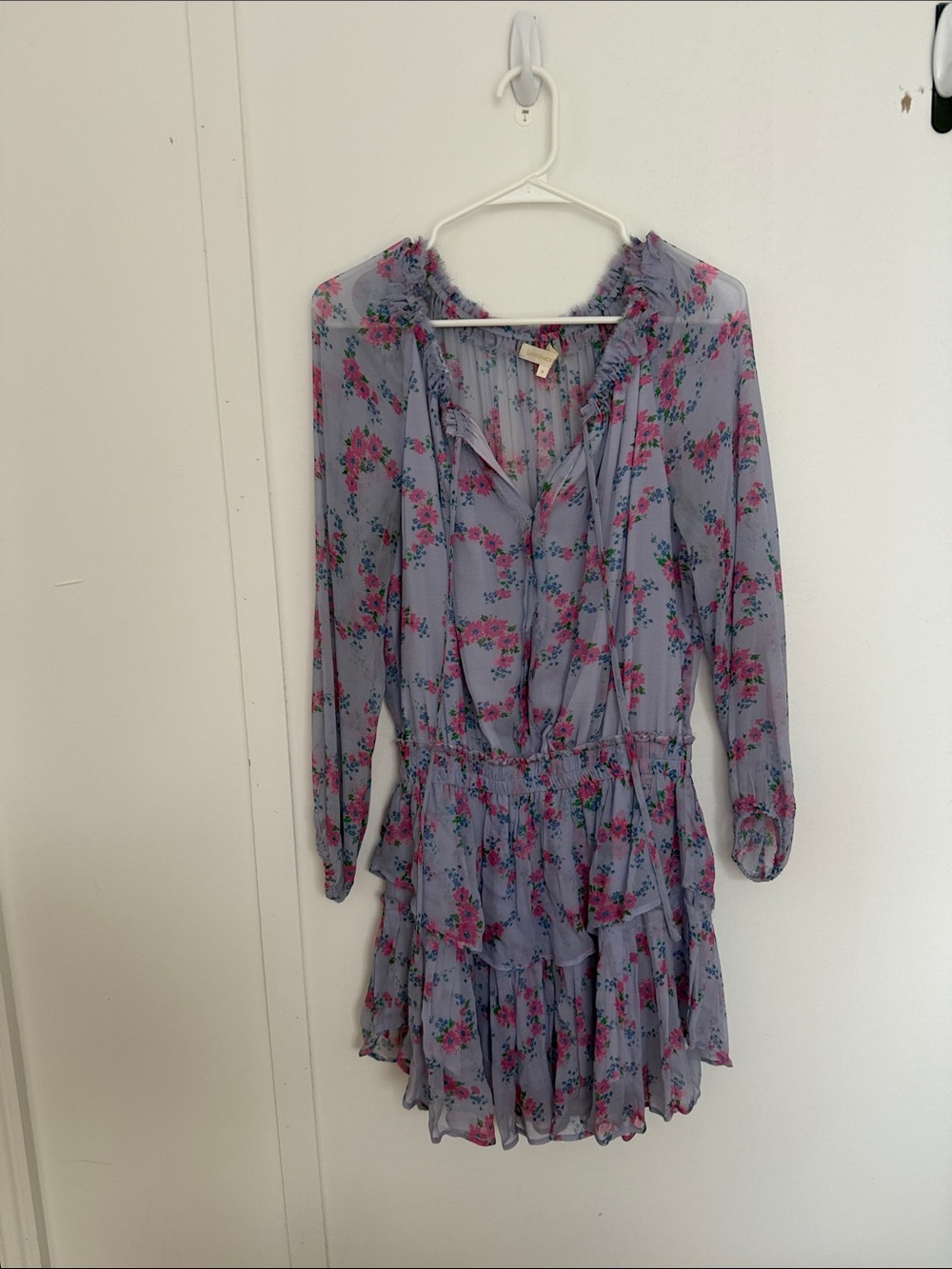 LoveShackFancy Lavender Floral Long-Sleeve Tiered Dress